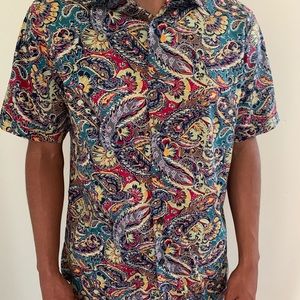Button up colorful feather like design shirt